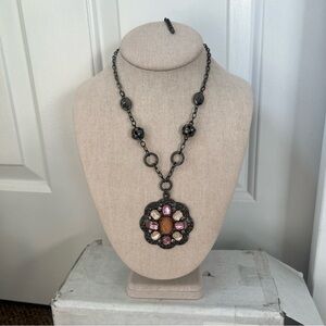 NY large flower plastic gemstone statement necklace antique bronze beaded pink